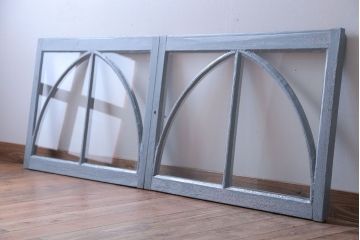 アンティーク　ブルーグレーペイントのガラス戸2枚セット(窓)