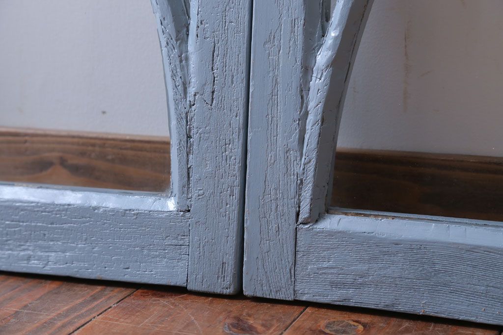 アンティーク　ブルーグレーペイントのガラス戸2枚セット(窓)