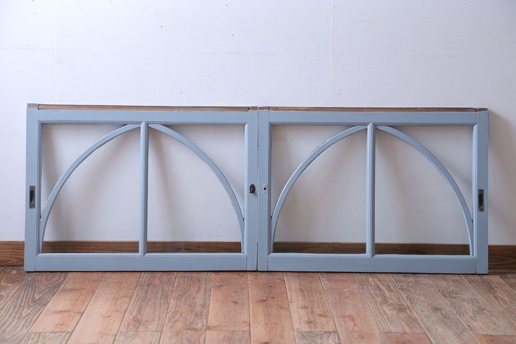 アンティーク　ブルーグレーペイントのガラス戸2枚セット(窓)