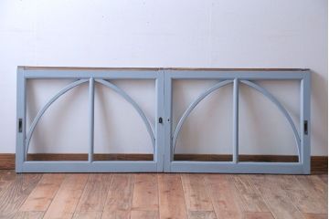 アンティーク　ブルーグレーペイントのガラス戸2枚セット(窓)