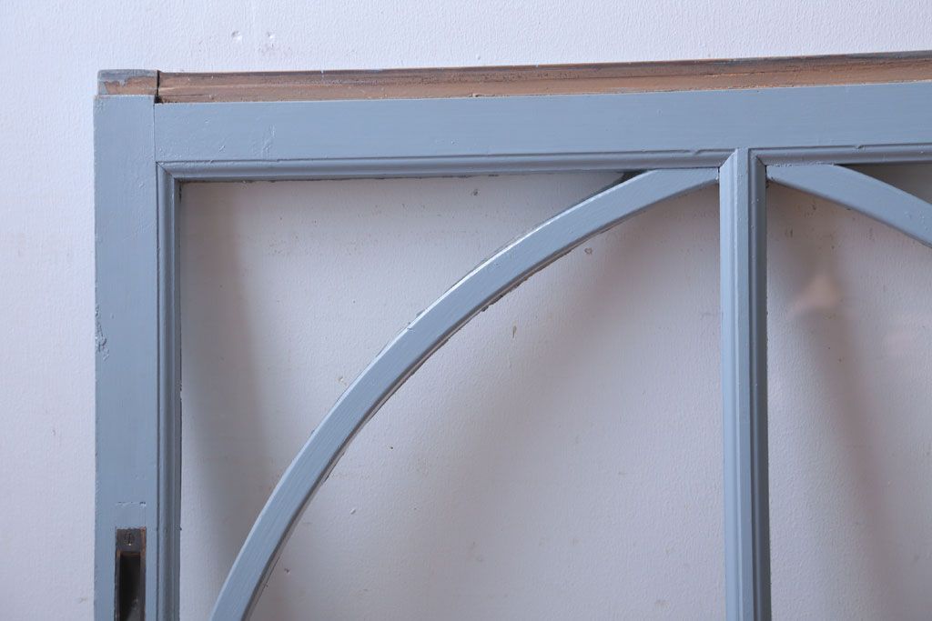 アンティーク　ブルーグレーペイントのガラス戸2枚セット(窓)