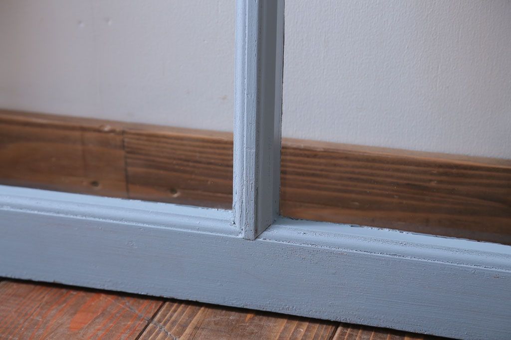 アンティーク　ブルーグレーペイントのガラス戸2枚セット(窓)