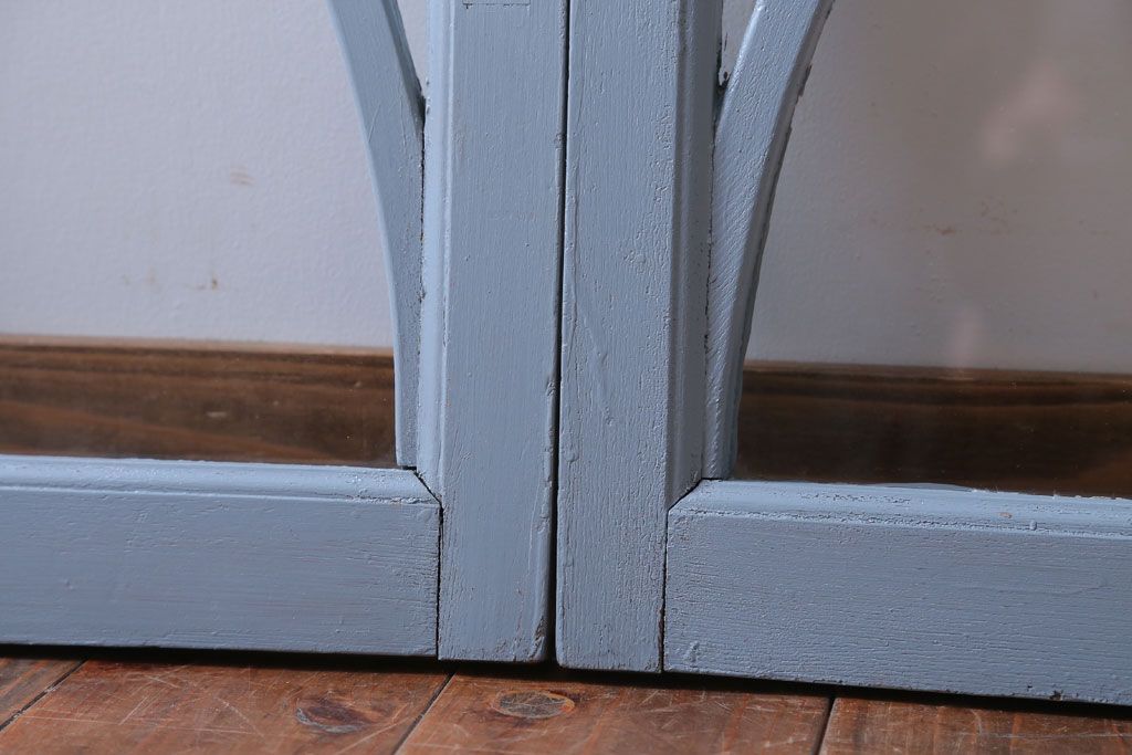 アンティーク　ブルーグレーペイントのガラス戸2枚セット(窓)