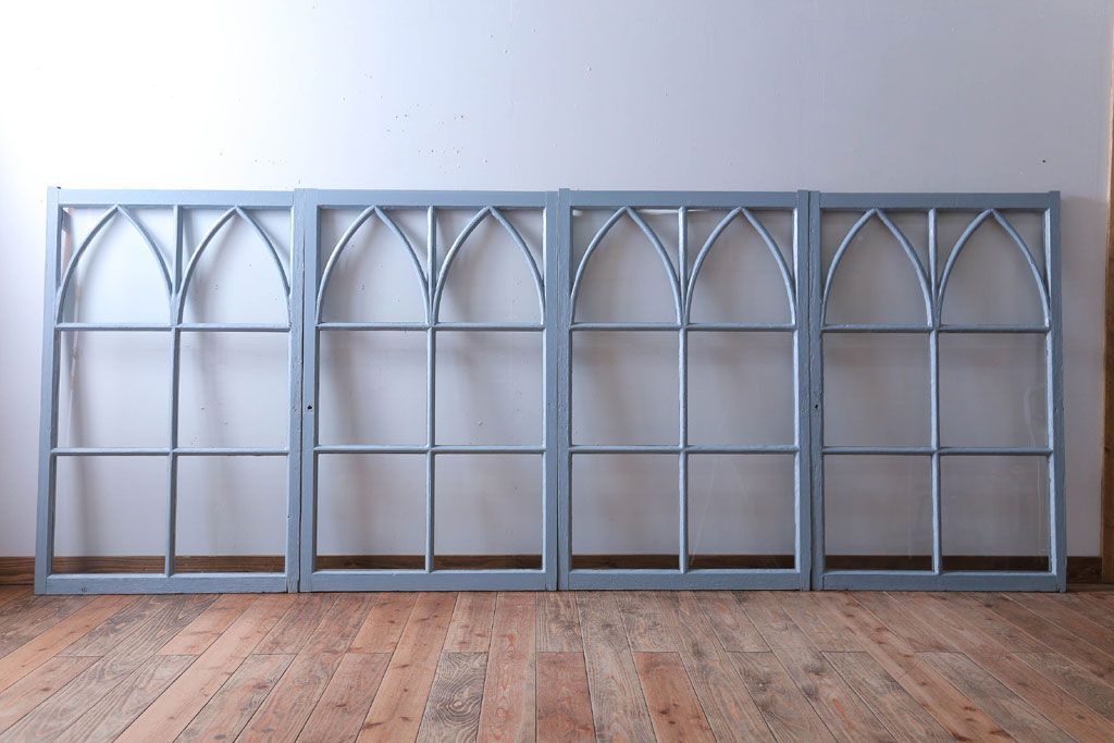 アンティーク　ブルーグレーペイントのガラス戸4枚セット(窓)(2)