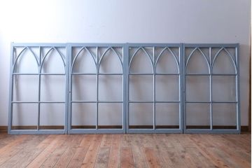 アンティーク　ブルーグレーペイントのガラス戸4枚セット(窓)(2)