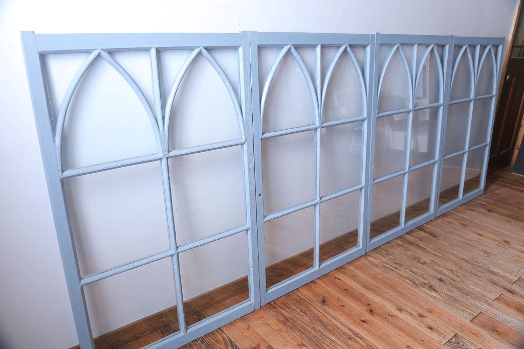 アンティーク　ブルーグレーペイントのガラス戸4枚セット(窓)(2)