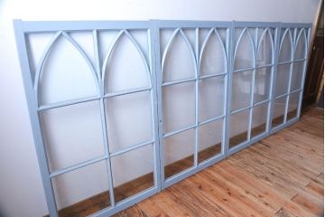 アンティーク　ブルーグレーペイントのガラス戸4枚セット(窓)(2)