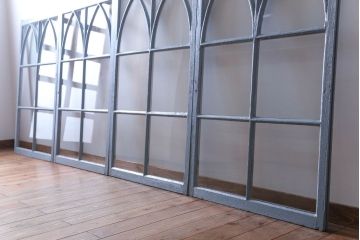 アンティーク　ブルーグレーペイントのガラス戸4枚セット(窓)(2)