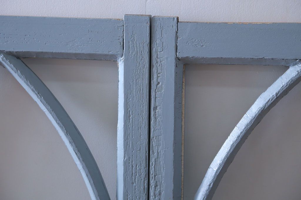 アンティーク　ブルーグレーペイントのガラス戸4枚セット(窓)(2)