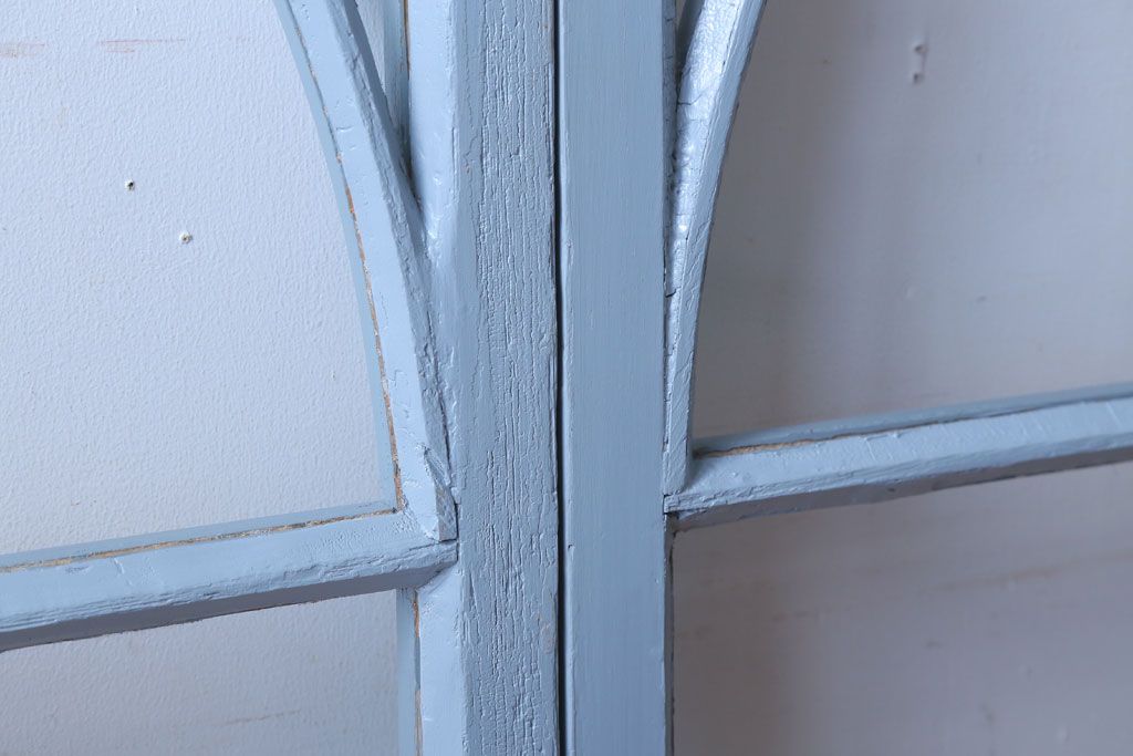アンティーク　ブルーグレーペイントのガラス戸4枚セット(窓)(2)