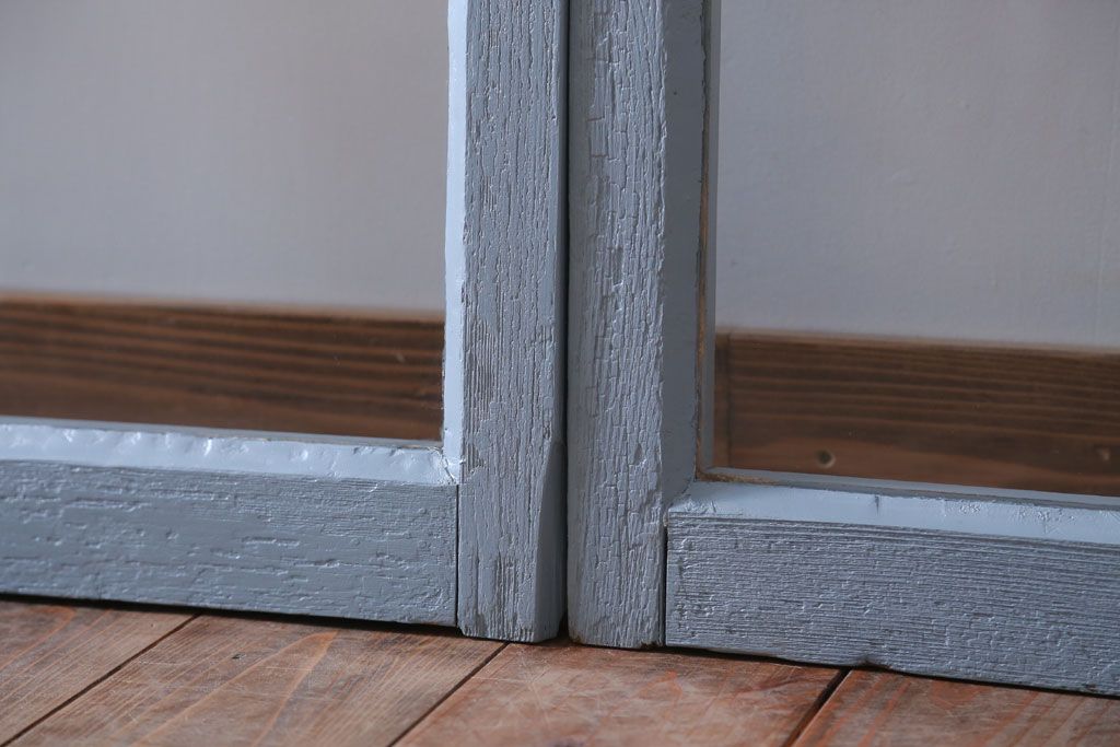 アンティーク　ブルーグレーペイントのガラス戸4枚セット(窓)(2)