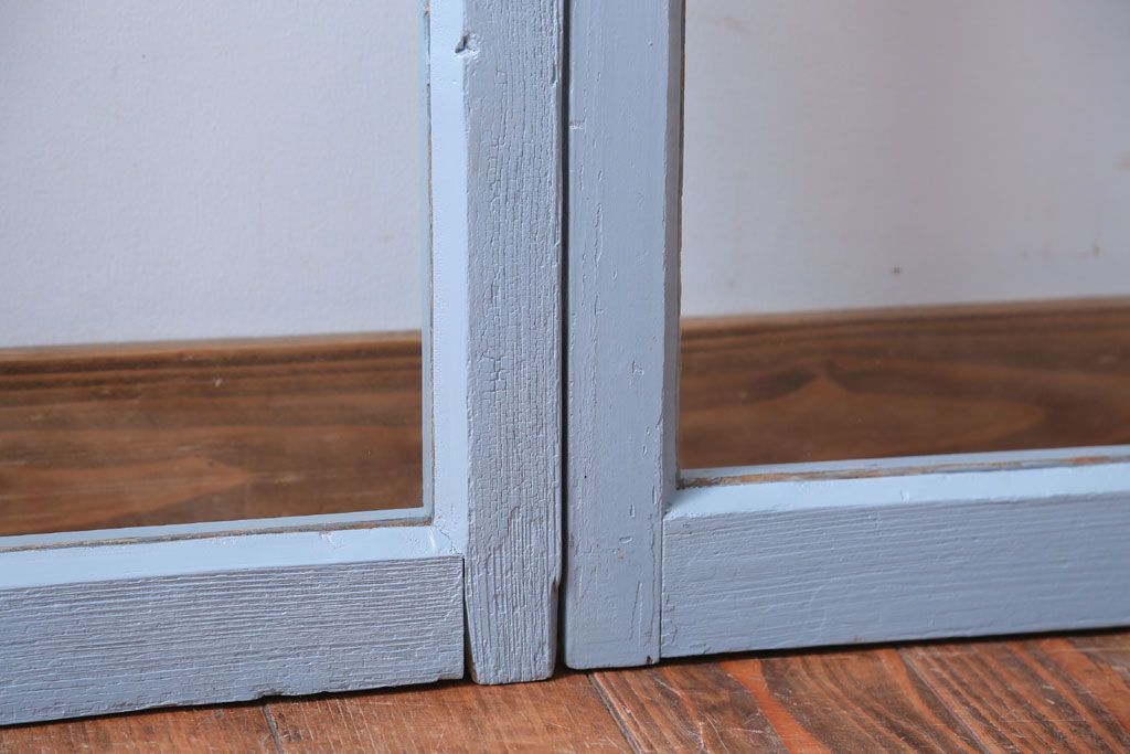 アンティーク　ブルーグレーペイントのガラス戸4枚セット(窓)(2)
