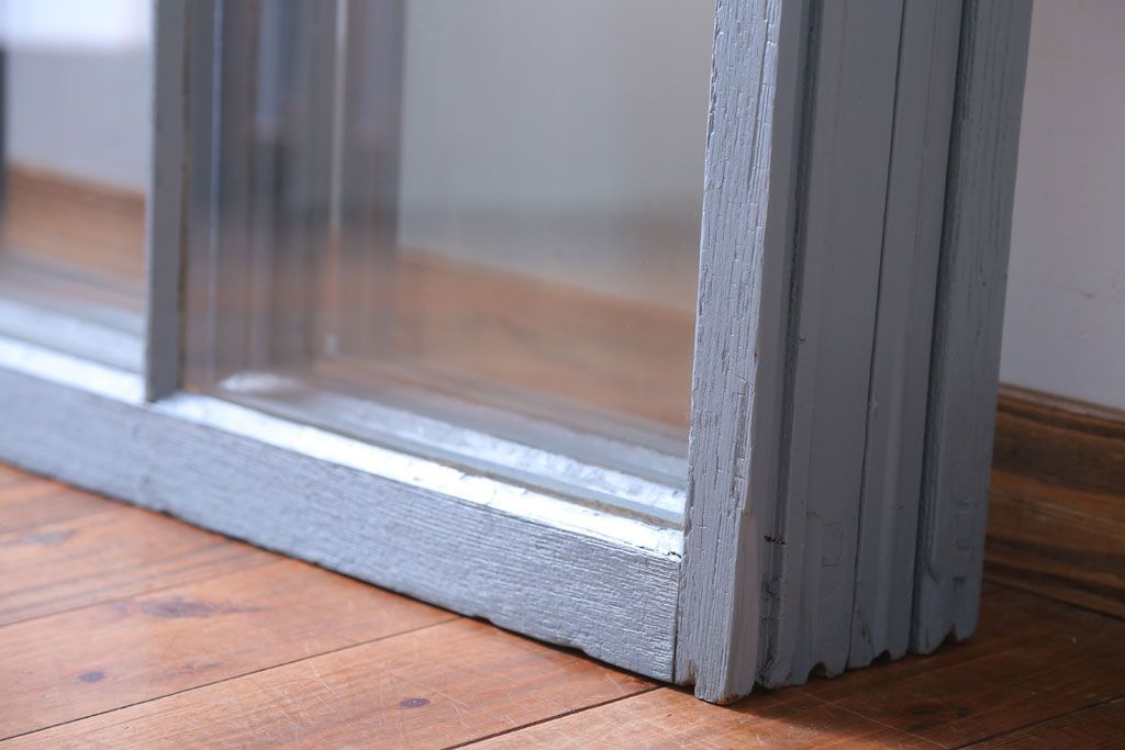 アンティーク　ブルーグレーペイントのガラス戸4枚セット(窓)(2)