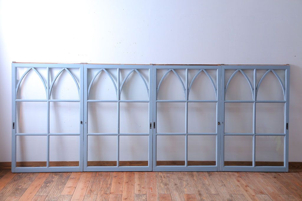 アンティーク　ブルーグレーペイントのガラス戸4枚セット(窓)(2)