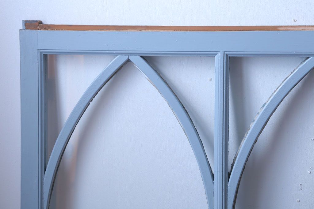 アンティーク　ブルーグレーペイントのガラス戸4枚セット(窓)(2)