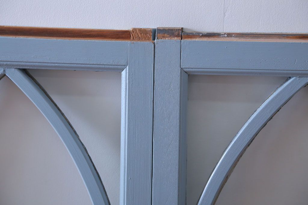 アンティーク　ブルーグレーペイントのガラス戸4枚セット(窓)(2)