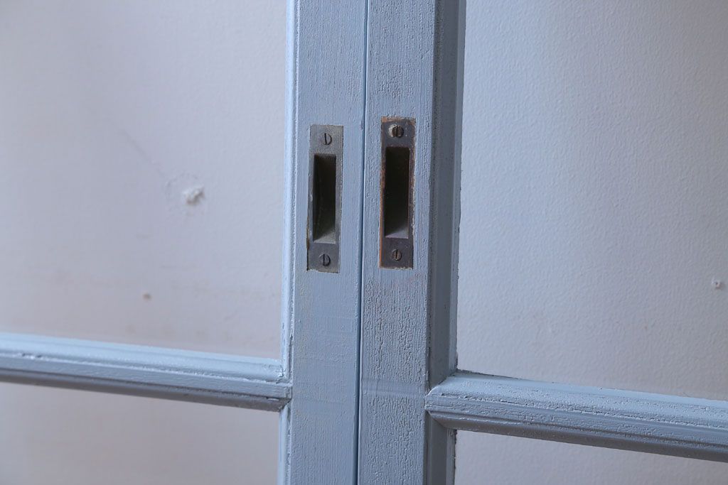 アンティーク　ブルーグレーペイントのガラス戸4枚セット(窓)(2)