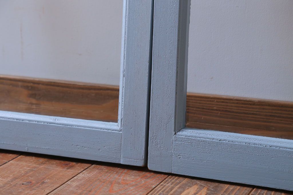 アンティーク　ブルーグレーペイントのガラス戸4枚セット(窓)(2)