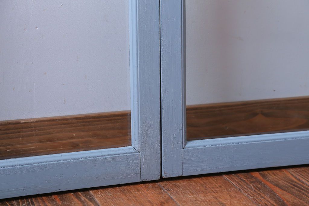アンティーク　ブルーグレーペイントのガラス戸4枚セット(窓)(2)