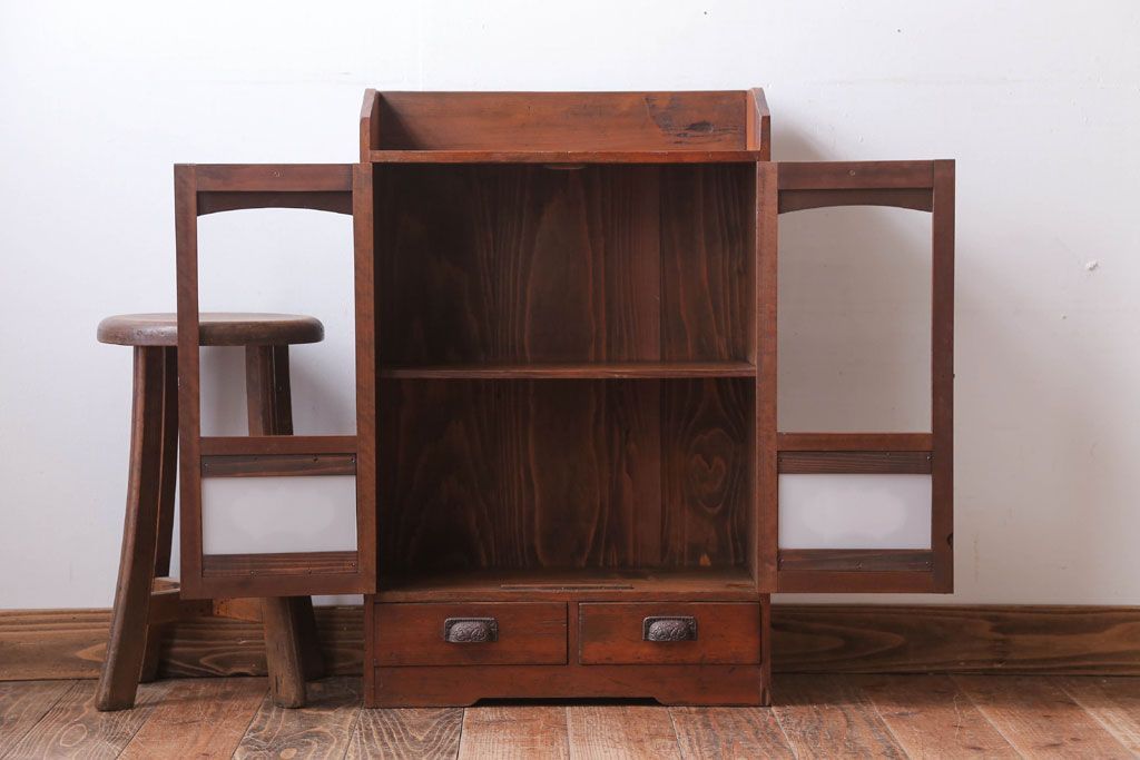 アンティーク家具　和製アンティーク　当時物色ガラス入り!小ぶりな古い木製本箱(ブックケース)