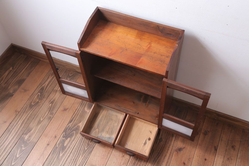 アンティーク家具　和製アンティーク　当時物色ガラス入り!小ぶりな古い木製本箱(ブックケース)