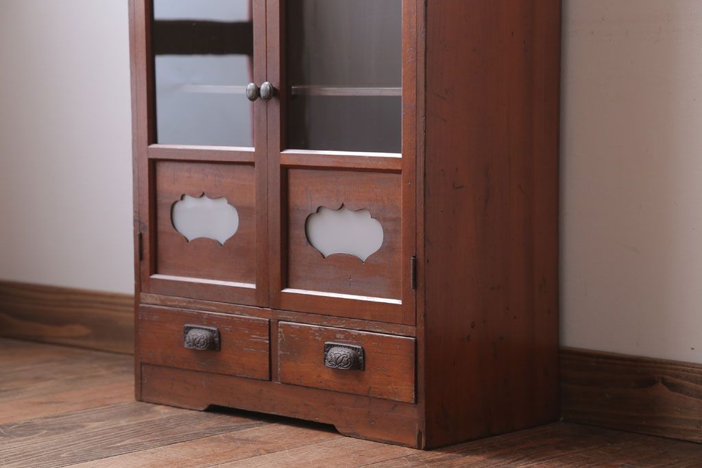 アンティーク家具　和製アンティーク　当時物色ガラス入り!小ぶりな古い木製本箱(ブックケース)