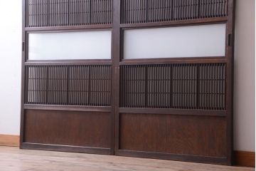  和製アンティーク　裏障子付き!すりガラス帯の格子戸2枚セット