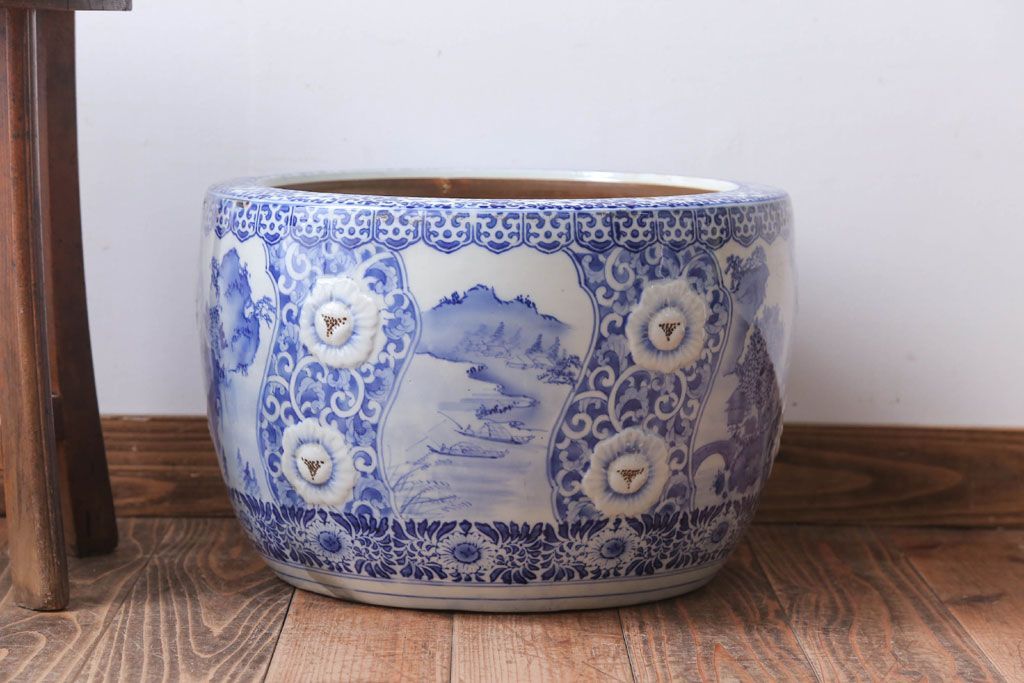 アンティーク雑貨　古民具・骨董　図柄の美しいアンティーク瀬戸火鉢