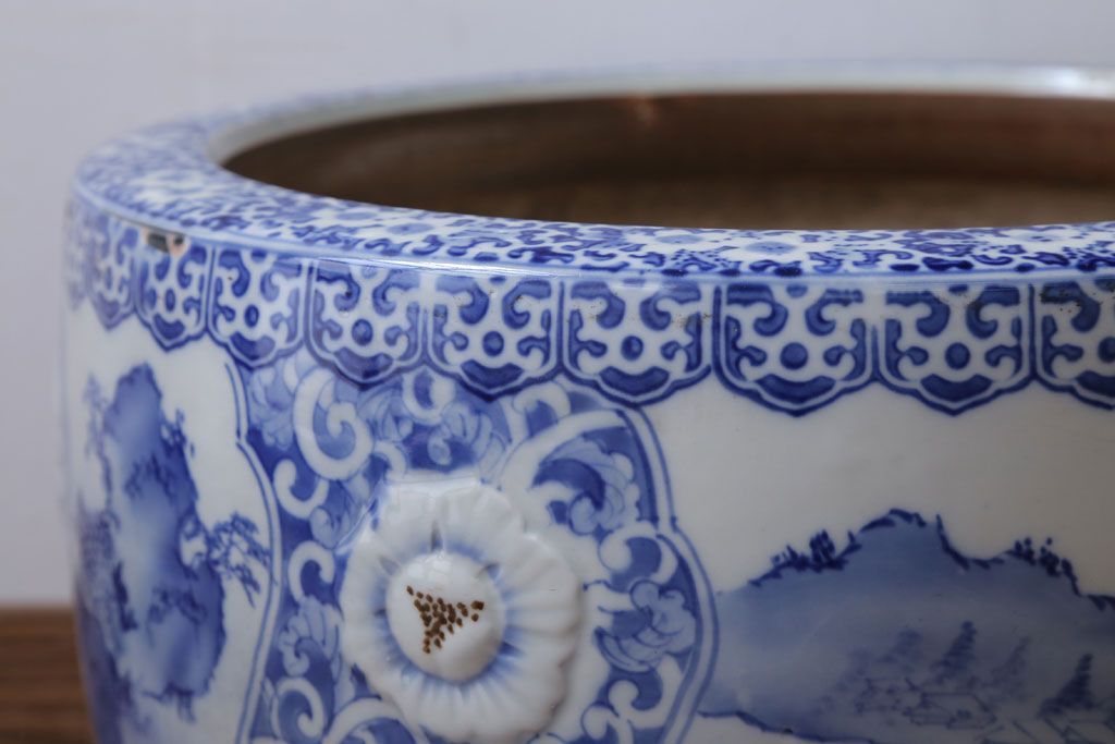 アンティーク雑貨　古民具・骨董　図柄の美しいアンティーク瀬戸火鉢