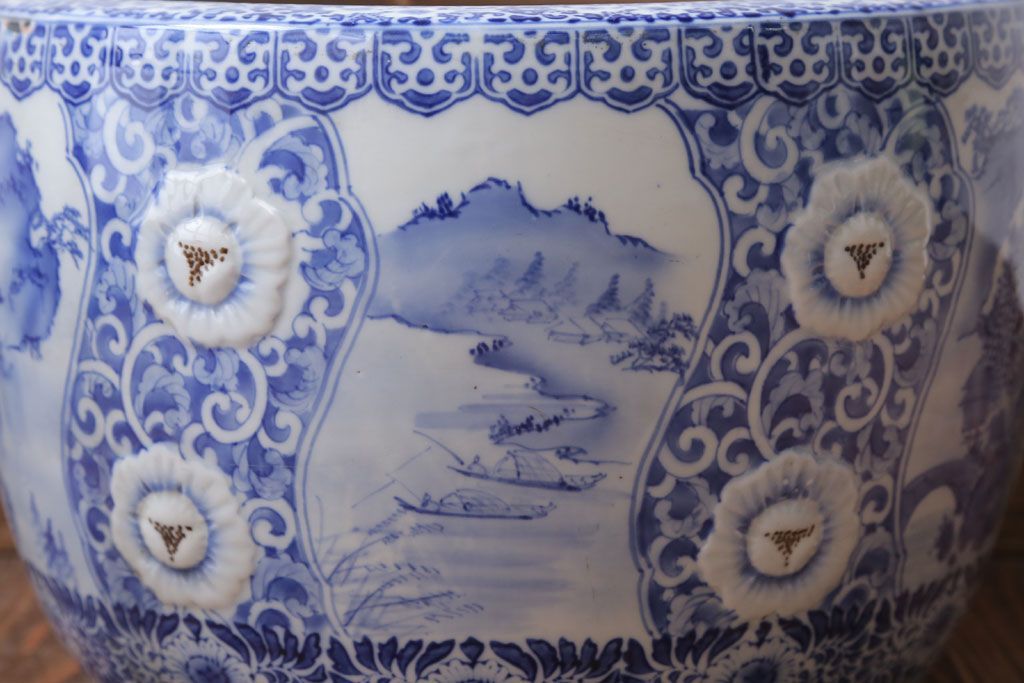 アンティーク雑貨　古民具・骨董　図柄の美しいアンティーク瀬戸火鉢