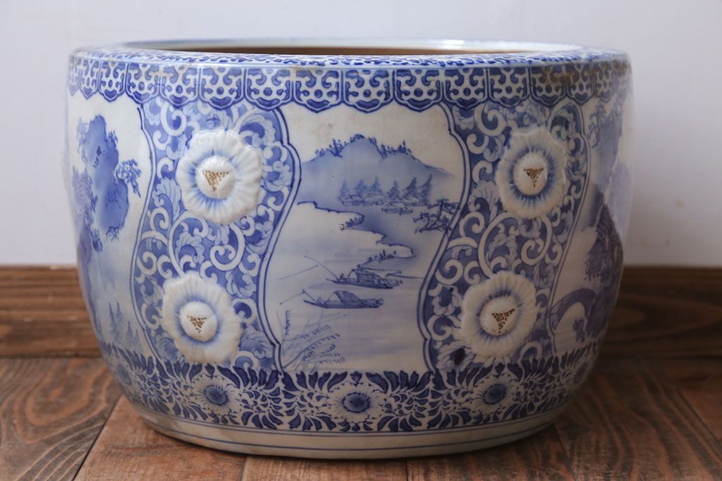 アンティーク雑貨　古民具・骨董　図柄の美しいアンティーク瀬戸火鉢