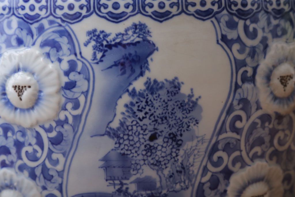 アンティーク雑貨　古民具・骨董　図柄の美しいアンティーク瀬戸火鉢