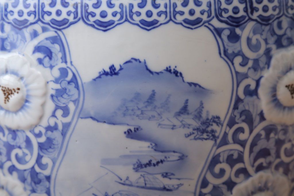 アンティーク雑貨　古民具・骨董　図柄の美しいアンティーク瀬戸火鉢