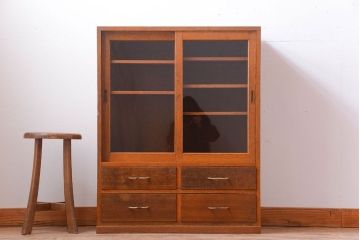 アンティーク家具　和製アンティーク　古い木のシンプルな引き出し付きガラス戸棚(収納棚)