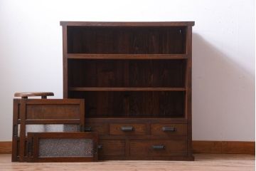 アンティーク家具　和製アンティーク　引き出し5杯付き!古い木のデザインガラス戸収納棚