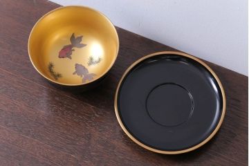 アンティーク　大正〜昭和初期!金魚の図　木製蒔絵盃洗