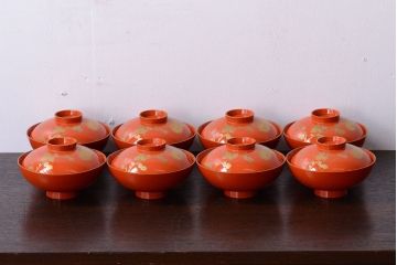 アンティーク　大正〜昭和初期!古い蒔絵の木製椀8客(漆器)