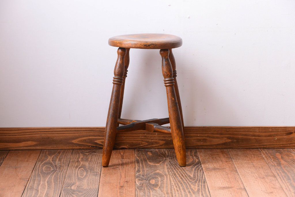 アンティーク家具　アンティーク　古い木のおしゃれでシャビーな丸スツール(1)