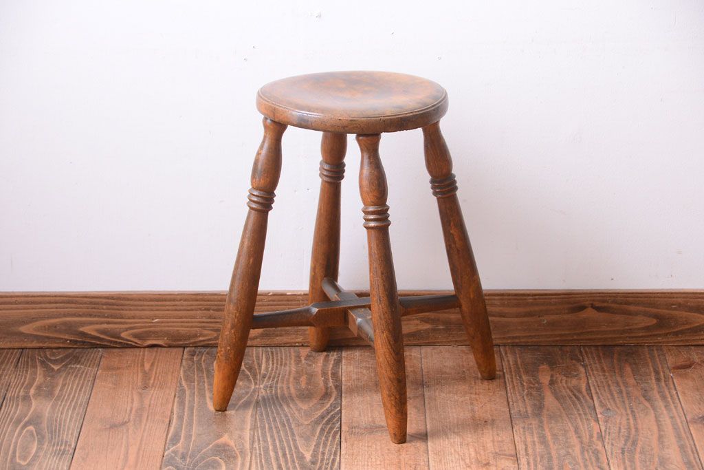 アンティーク家具　アンティーク　古い木のおしゃれでシャビーな丸スツール(1)