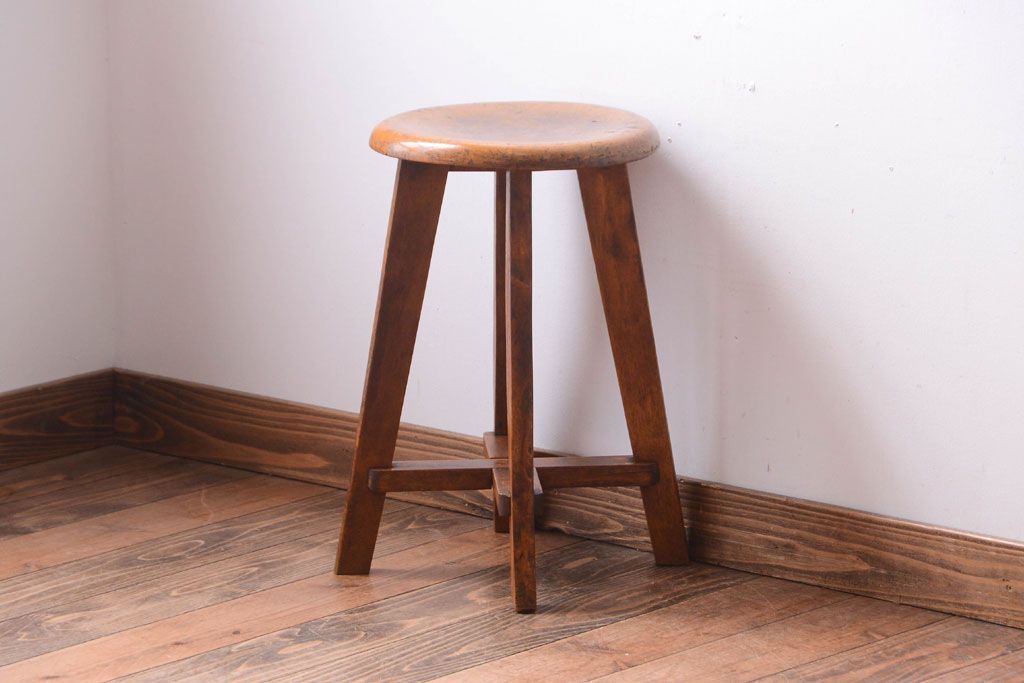 アンティーク家具　アンティーク　古い木のおしゃれでシャビーな丸スツール(2)