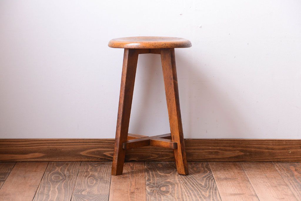 アンティーク家具　アンティーク　古い木のおしゃれでシャビーな丸スツール(2)