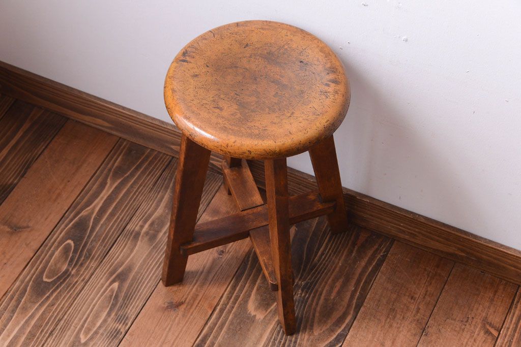 アンティーク家具　アンティーク　古い木のおしゃれでシャビーな丸スツール(2)