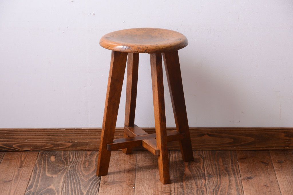 アンティーク家具　アンティーク　古い木のおしゃれでシャビーな丸スツール(2)