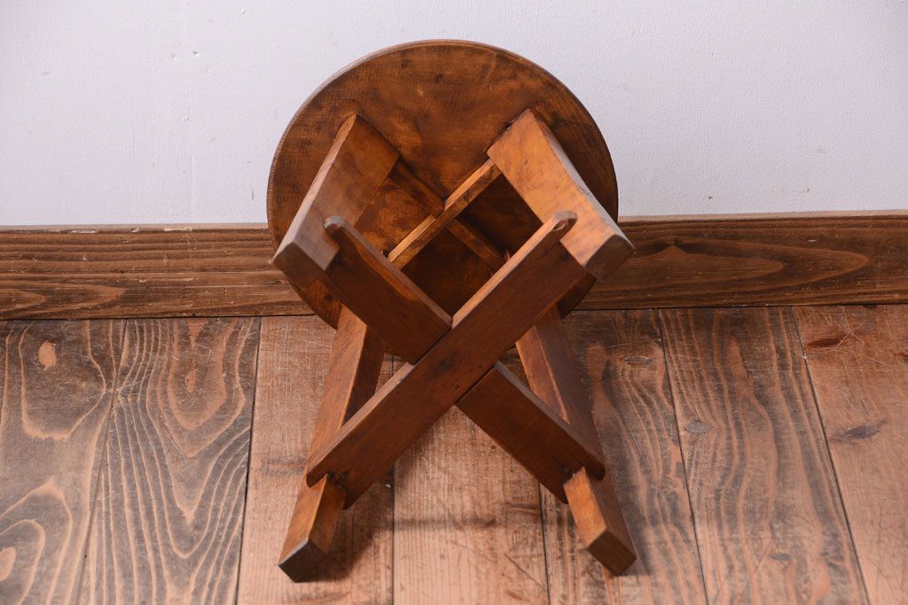 アンティーク家具　アンティーク　古い木のおしゃれでシャビーな丸スツール(2)