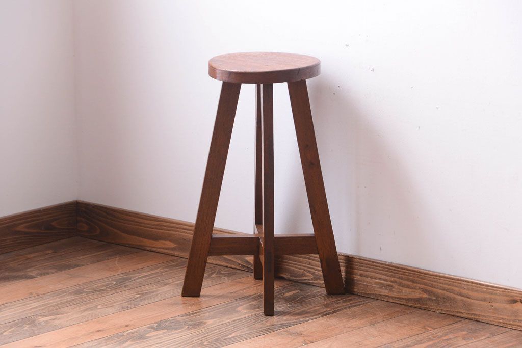 アンティーク家具　アンティーク　古い木のおしゃれでシャビーな丸スツール(3)