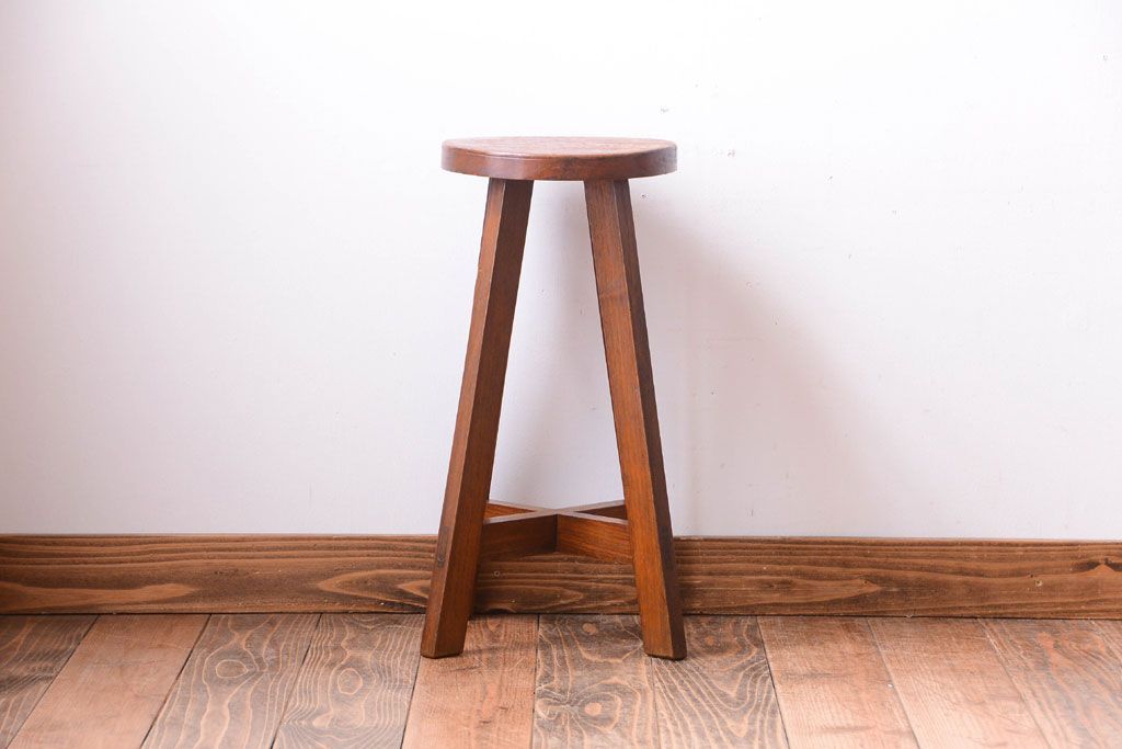 アンティーク家具　アンティーク　古い木のおしゃれでシャビーな丸スツール(3)