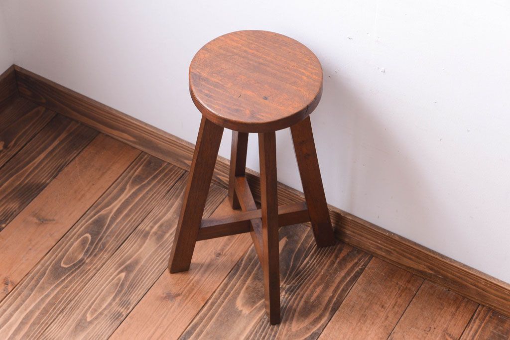アンティーク家具　アンティーク　古い木のおしゃれでシャビーな丸スツール(3)