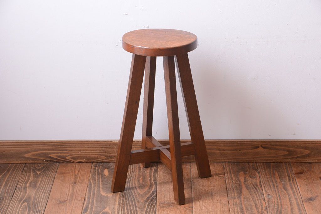 アンティーク家具　アンティーク　古い木のおしゃれでシャビーな丸スツール(3)