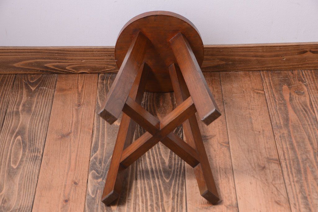 アンティーク家具　アンティーク　古い木のおしゃれでシャビーな丸スツール(3)