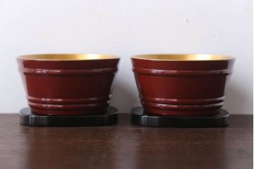 アンティーク　大正〜昭和初期!蓮の花の図　輪島塗木製蒔絵盃洗一対
